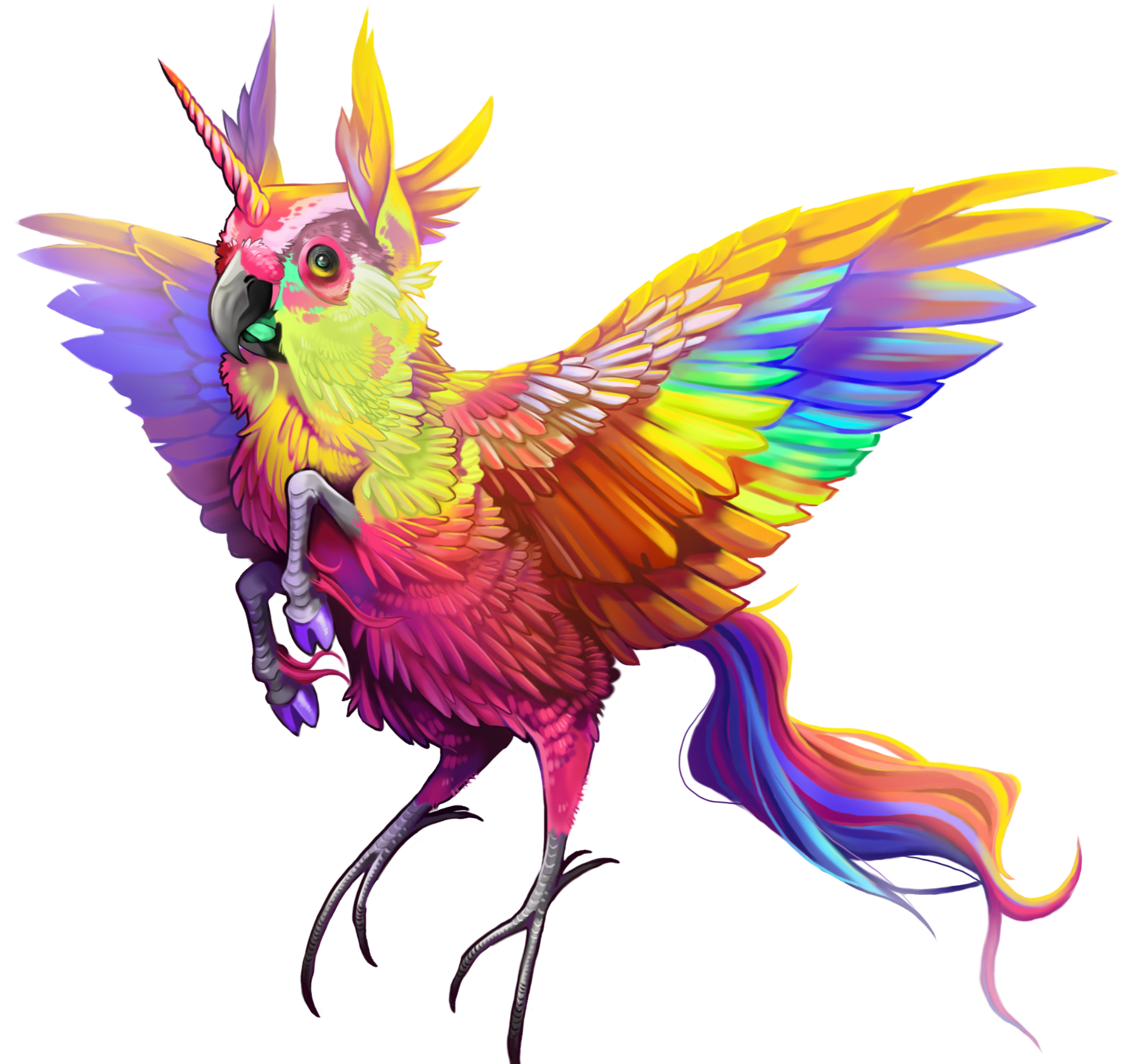 A brightly-colored rainbow unicorn parrot familiar.