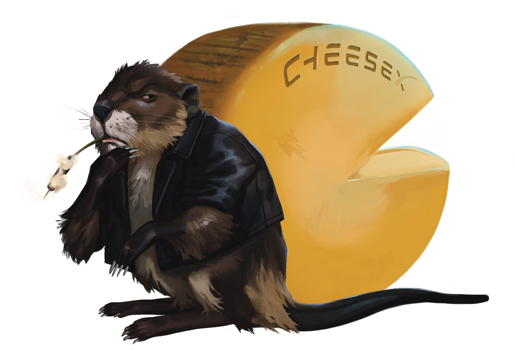 The Lone Muskrat, chewing on a cattail weed, carrying a large cheesewheel which reads "CHEESEX"