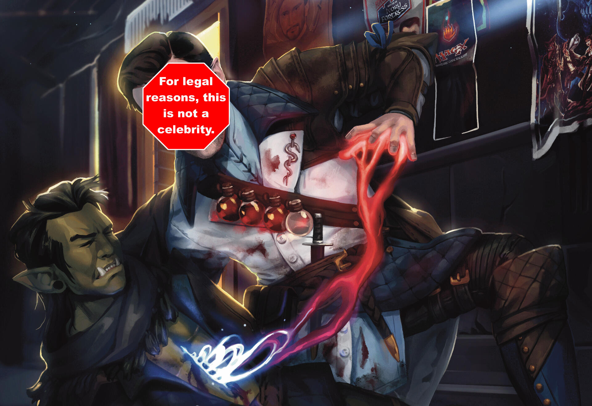 A bloodhunter healing their orcish ally. A sign over the hunter's face reads "For Legal reasons, this is not a celebrity."