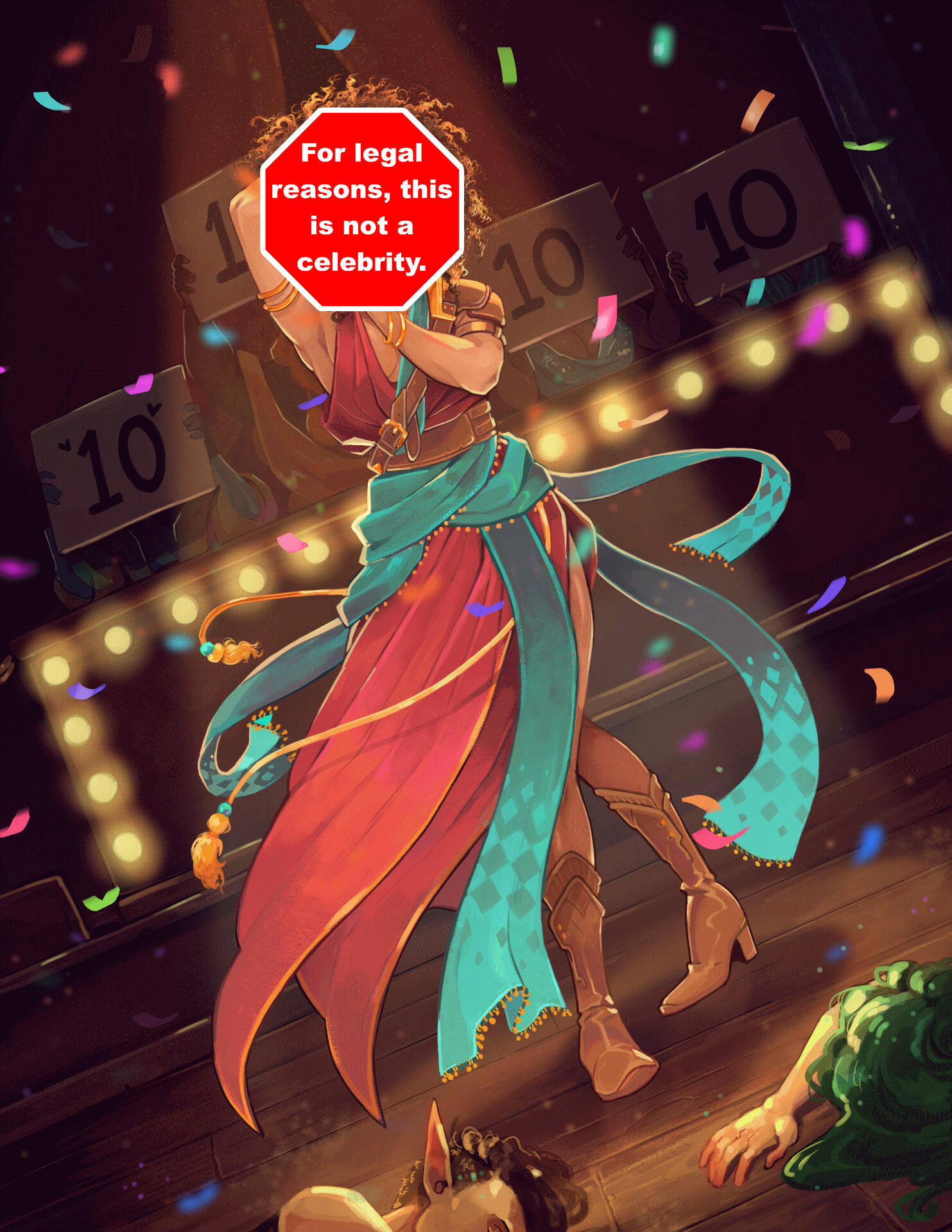 A vogue monk, with bronze skin and big, curly hair, posing and receiving a perfect score from several judges in the background